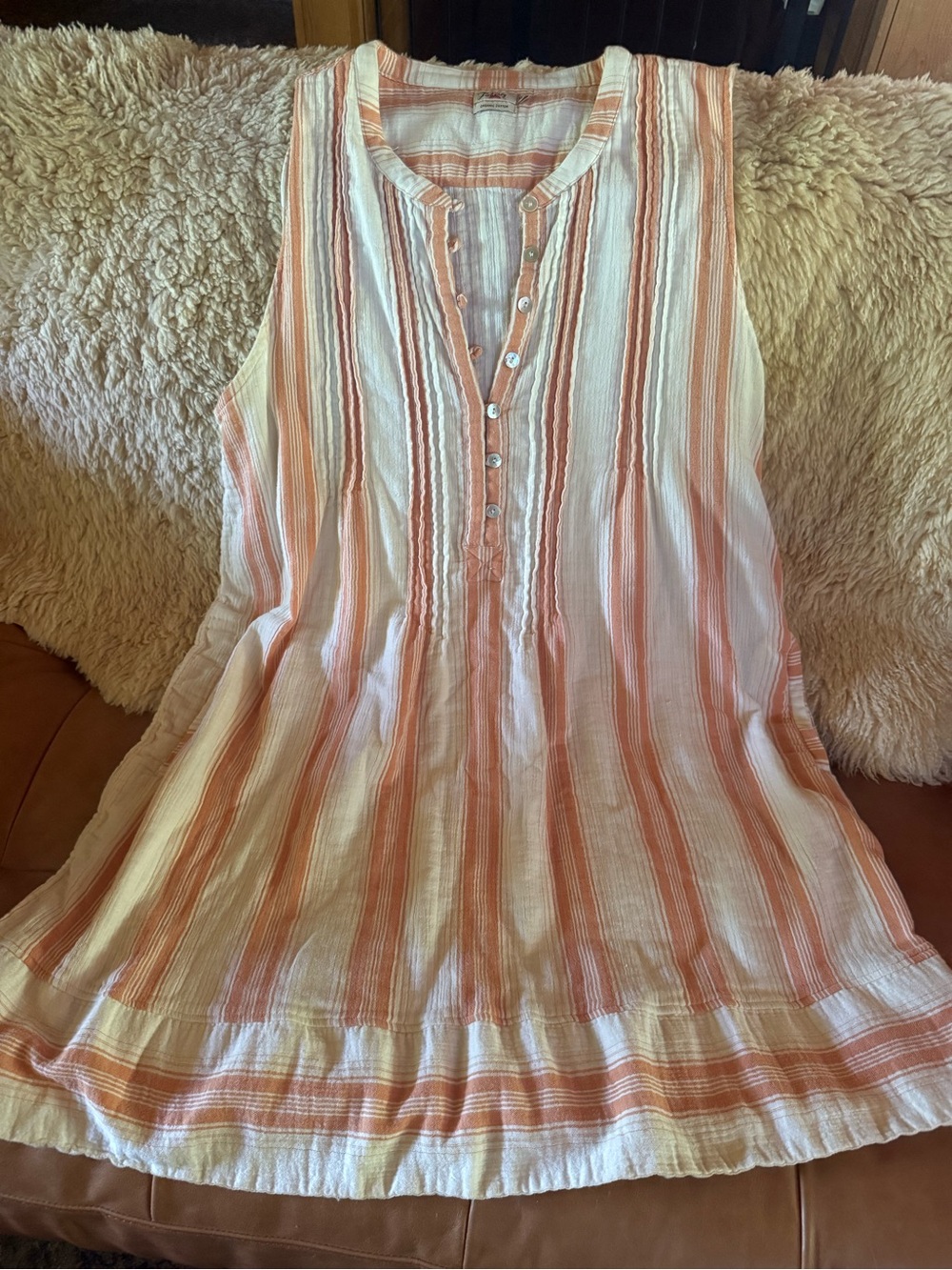 Faherty Coral and White Striped Sleeveless Tunic Dress